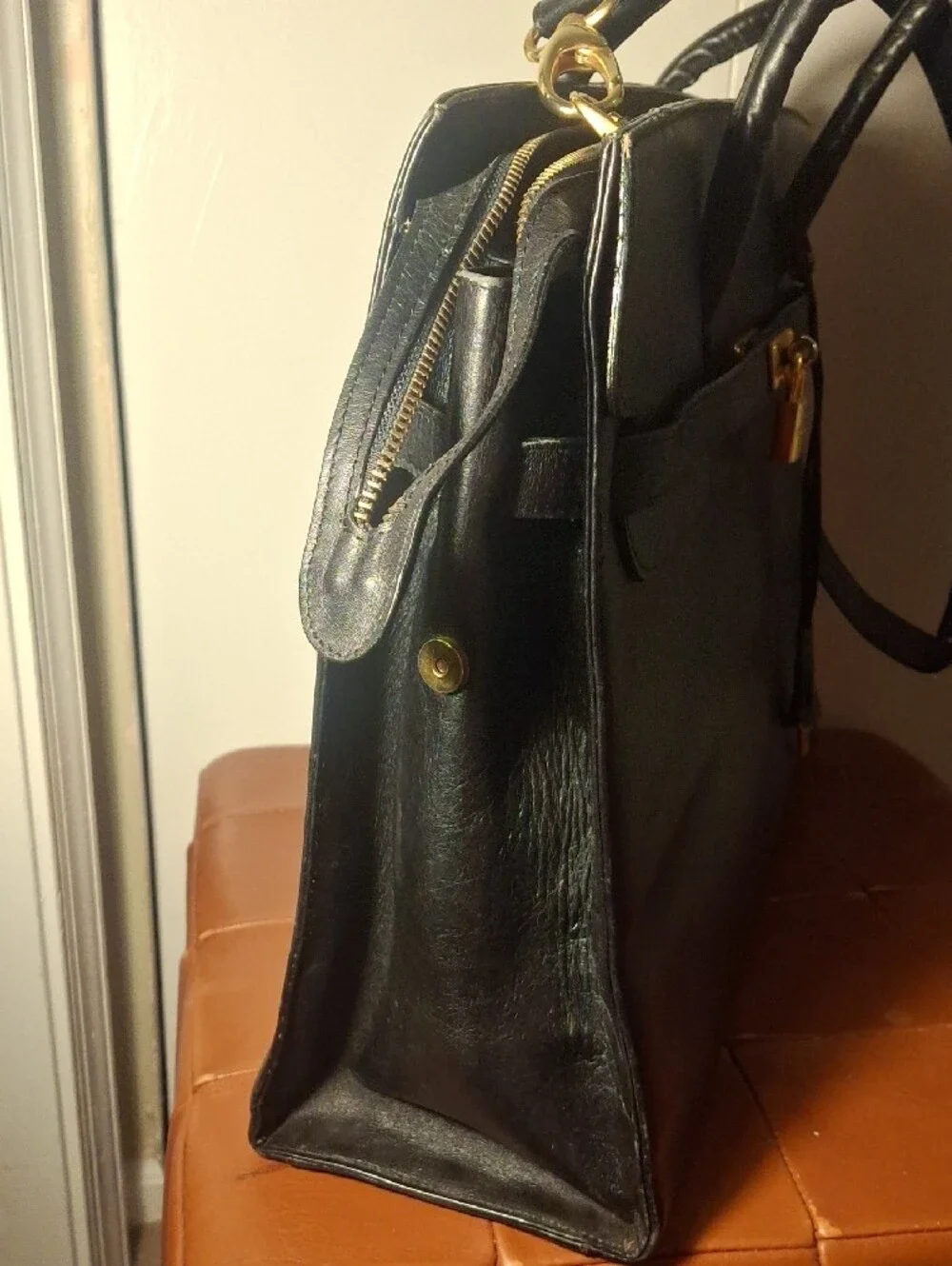 Black Leather Briefcase with Top Handle and Shoulder Strap